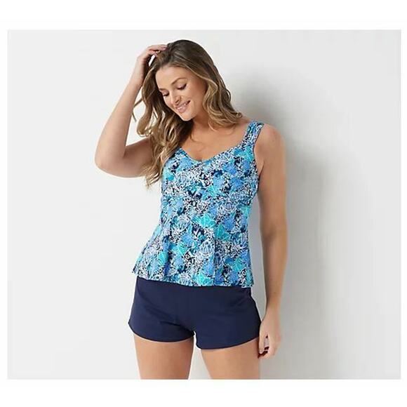 FIT 4 U NEW $94 Wide Strap Sweetheart Tankini w/ Tap Short in Blue Size 8 - Picture 1 of 3